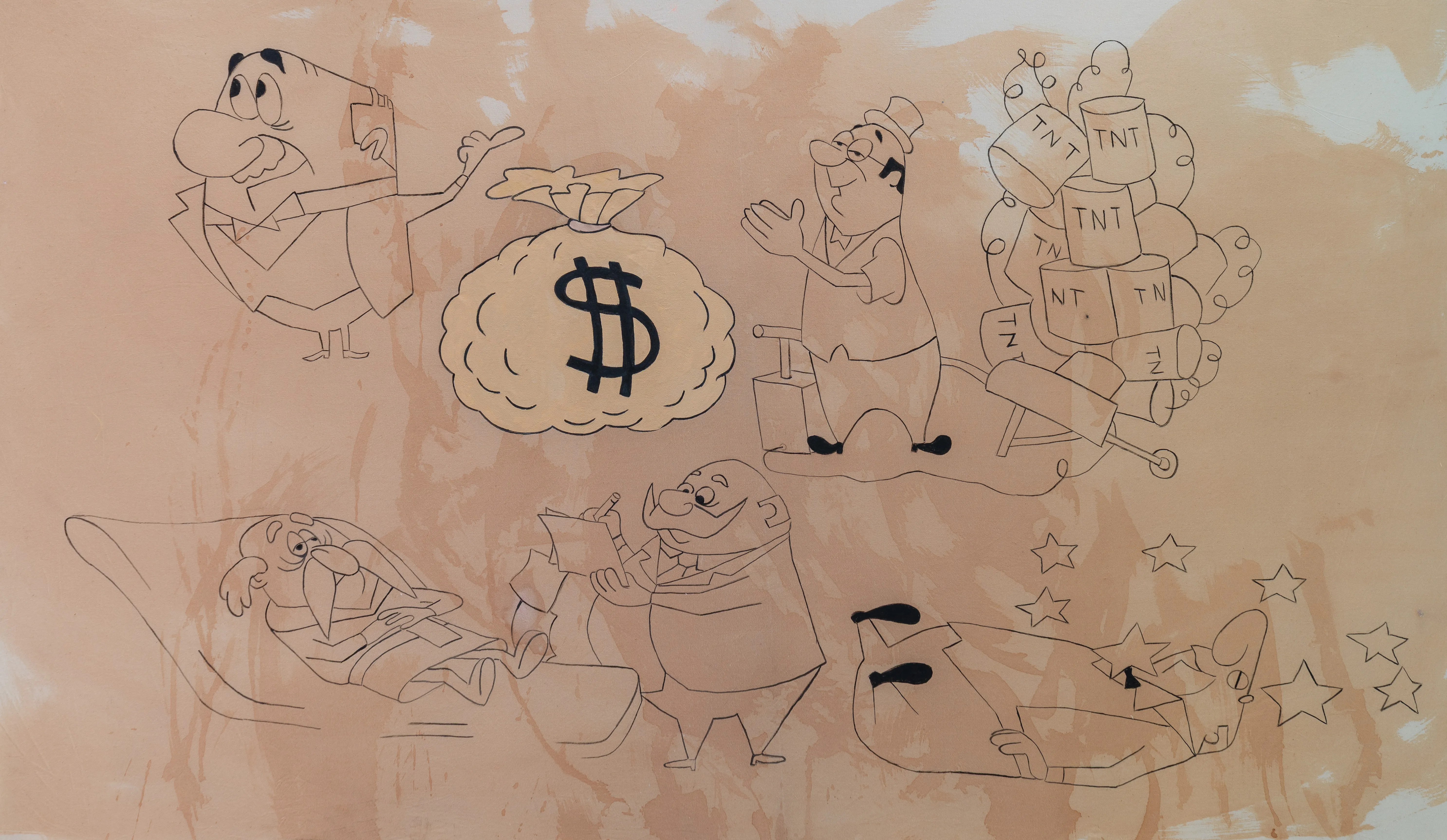 This piece features a collection of characters rendered in a classic mid-century animation style, exploring themes of wealth, psychology, and slapstick destruction. The fine black ink line work is set against a textured, sepia-toned wash that creates a sense of aged nostalgia and archival decay. The composition utilizes vintage American cartoon tropes to present a cynical yet playful commentary on capital and chaos.