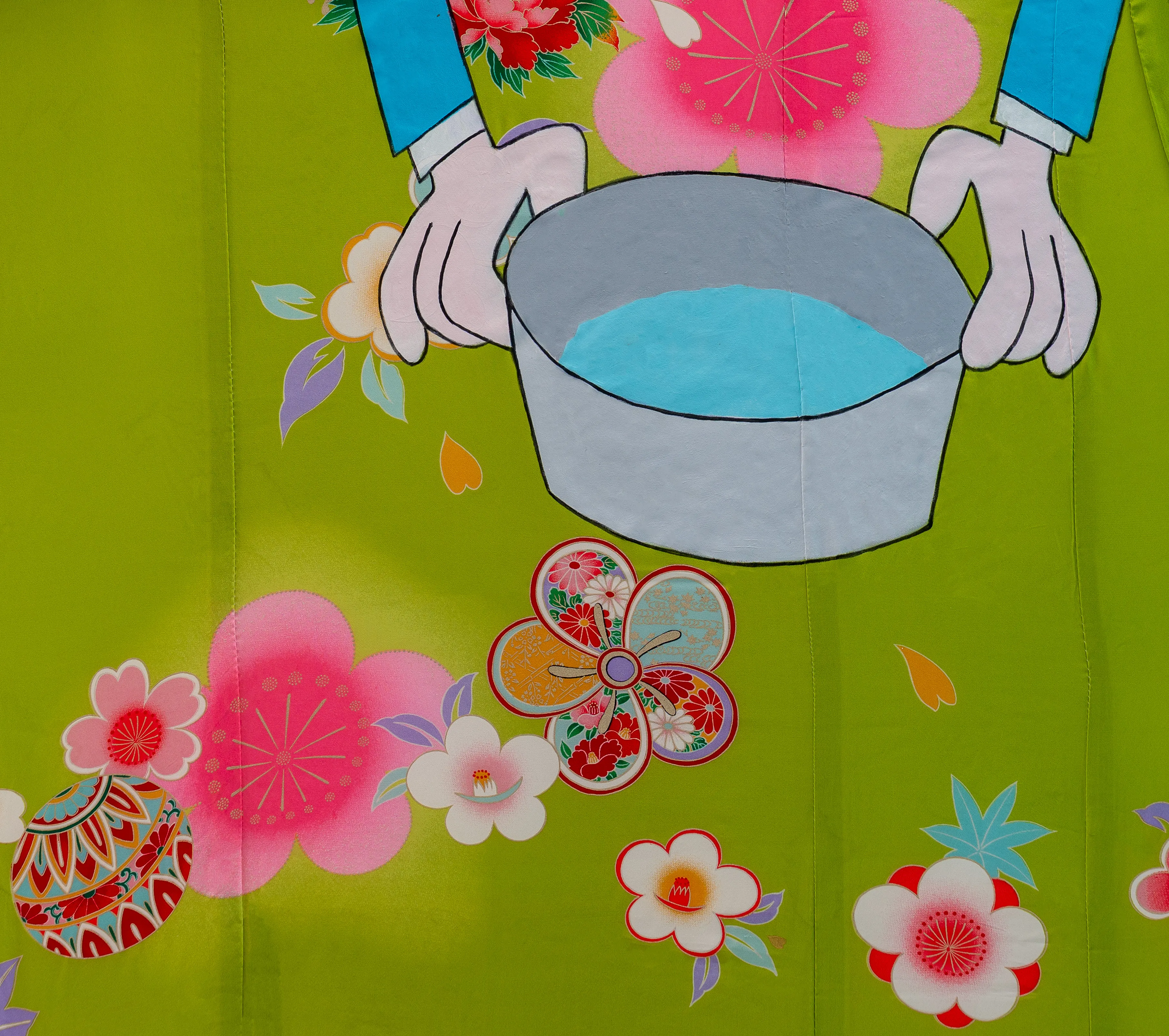 This vibrant work juxtaposes Western cartoon-style gloved hands with intricate traditional Japanese floral and temari motifs. The flat, graphic aesthetic and bold lime green palette create a playful yet contemplative cross-cultural dialogue between Pop Art and Eastern design. The clean lines and saturated colors highlight the artist's focus on bridging contemporary and heritage-based visual languages.