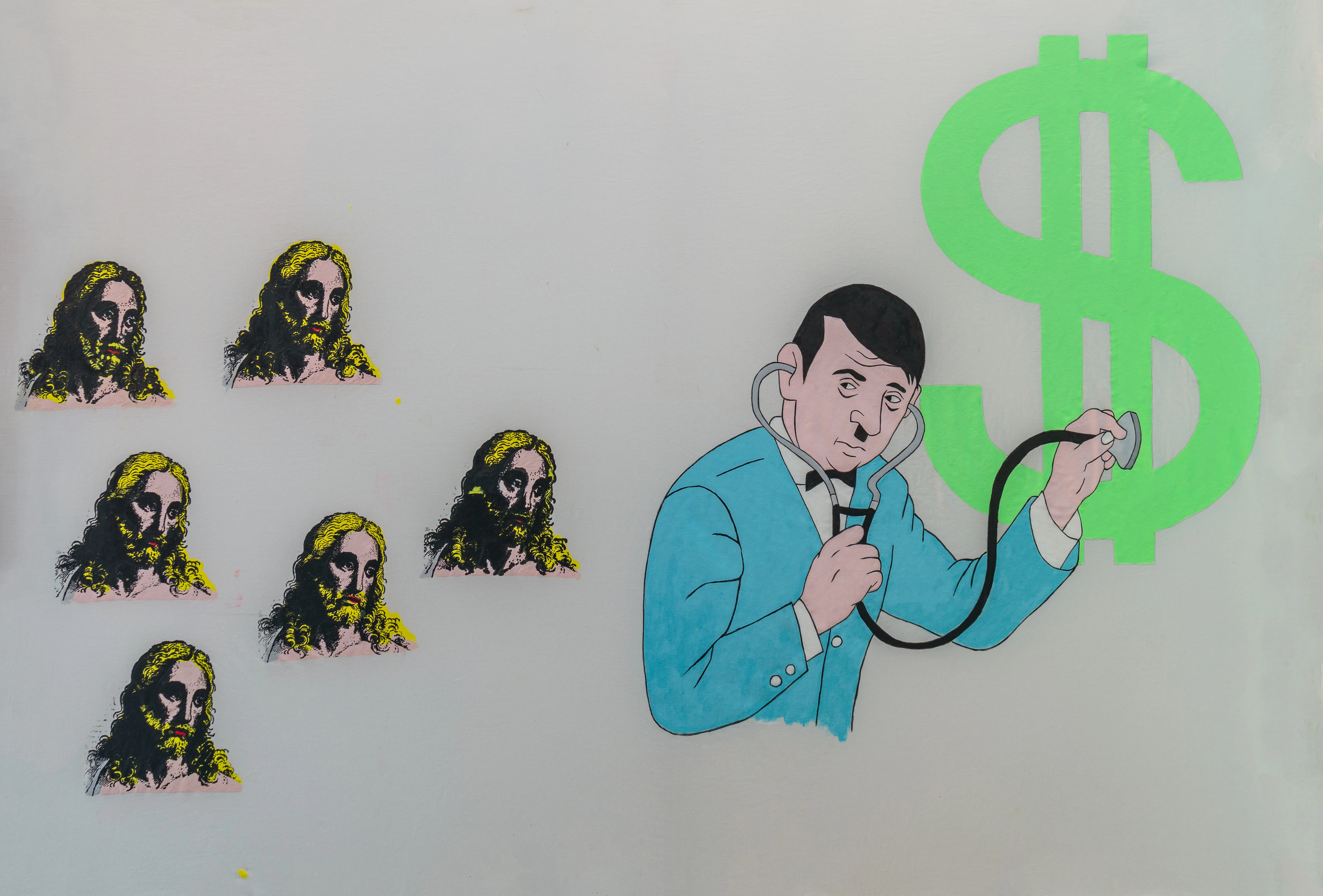 This provocative Pop Art composition features a satirical figure monitoring the heartbeat of a large dollar sign, juxtaposed with repeated, stylized religious icons. The work utilizes a clean, illustrative aesthetic to critique the intersection of capitalism and spiritual ideology through a cynical, cross-cultural lens. The stark white background and flat color fields emphasize the surreal, allegorical nature of the subject matter.