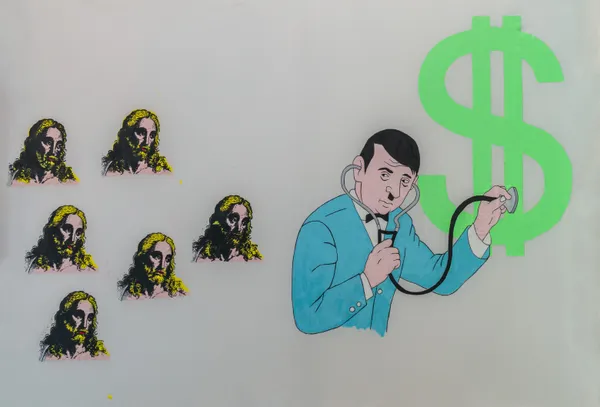 This provocative Pop Art composition features a satirical figure monitoring the heartbeat of a large dollar sign, juxtaposed with repeated, stylized religious icons. The work utilizes a clean, illustrative aesthetic to critique the intersection of capitalism and spiritual ideology through a cynical, cross-cultural lens. The stark white background and flat color fields emphasize the surreal, allegorical nature of the subject matter.