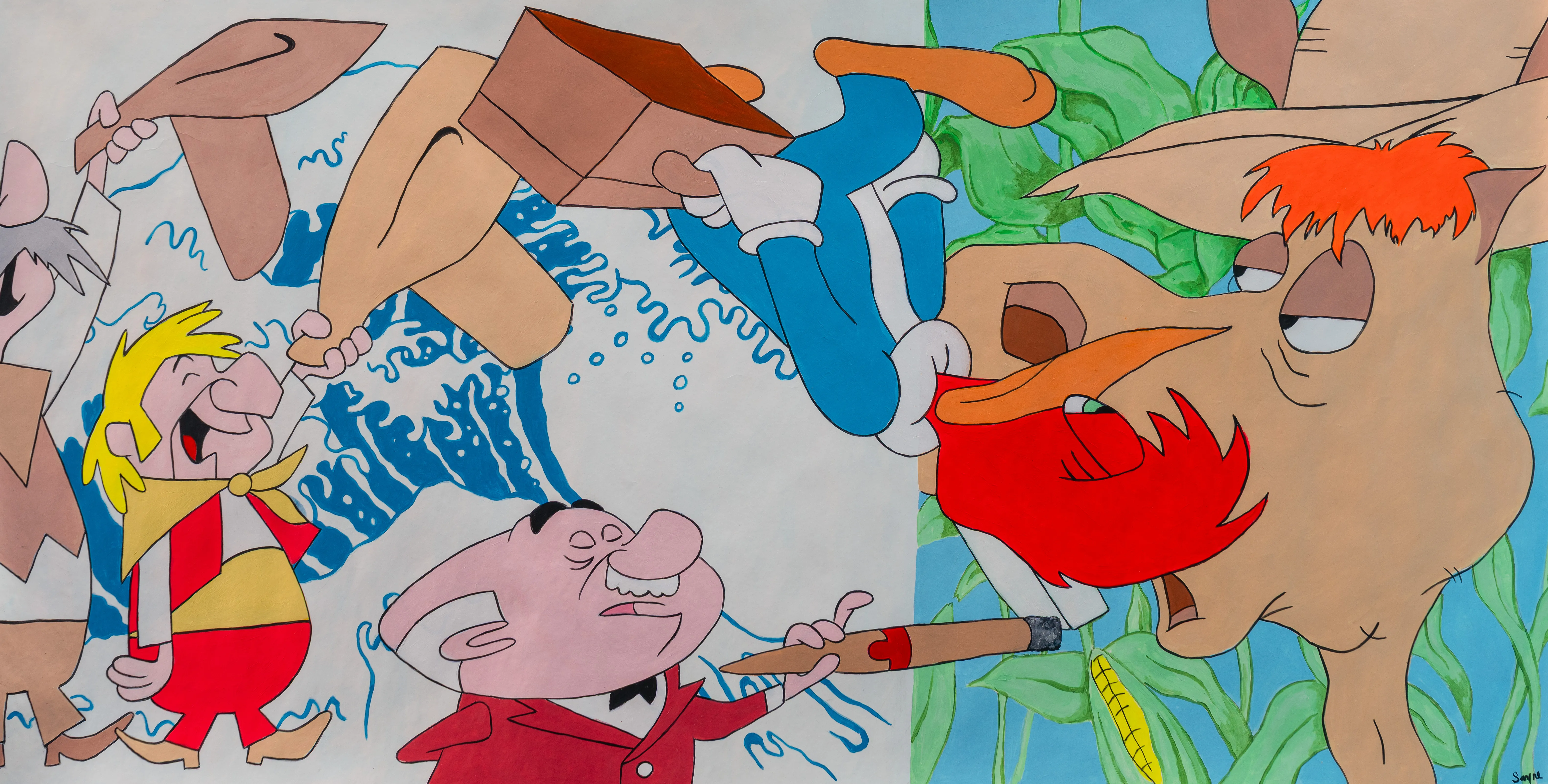 A large-scale pop art composition that juxtaposes nostalgic mid-century Western cartoon characters against a backdrop referencing Hokusai's iconic Great Wave. The work features flat, vibrant color fields and bold outlines, creating a playful yet chaotic cross-cultural dialogue typical of the artist's Tokyo-based perspective.